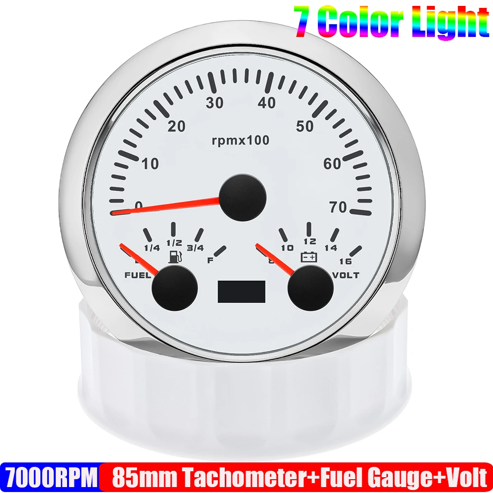 

Изготовленный на заказ 7 цветов, 85 мм, датчик 3 в 1, тахометр, измеритель уровня топлива, напряжение для датчика уровня масла 0-190 Ом, авто, лодка, яхта, 12 В