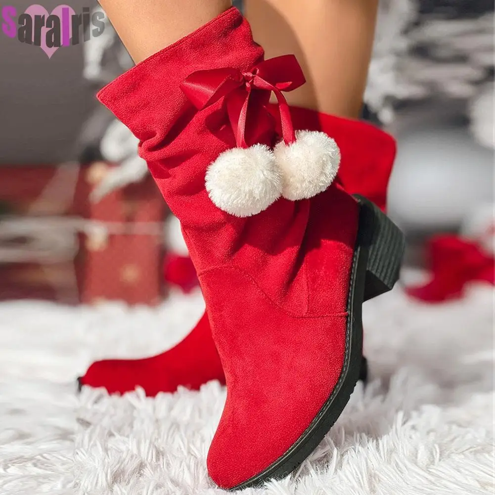 

Winter Warm Flock Women Ankle Boots Christmas Red Chunky Heels Bowknot Pleated Casual Short Boots Cute Girls Shoes Big Size 43