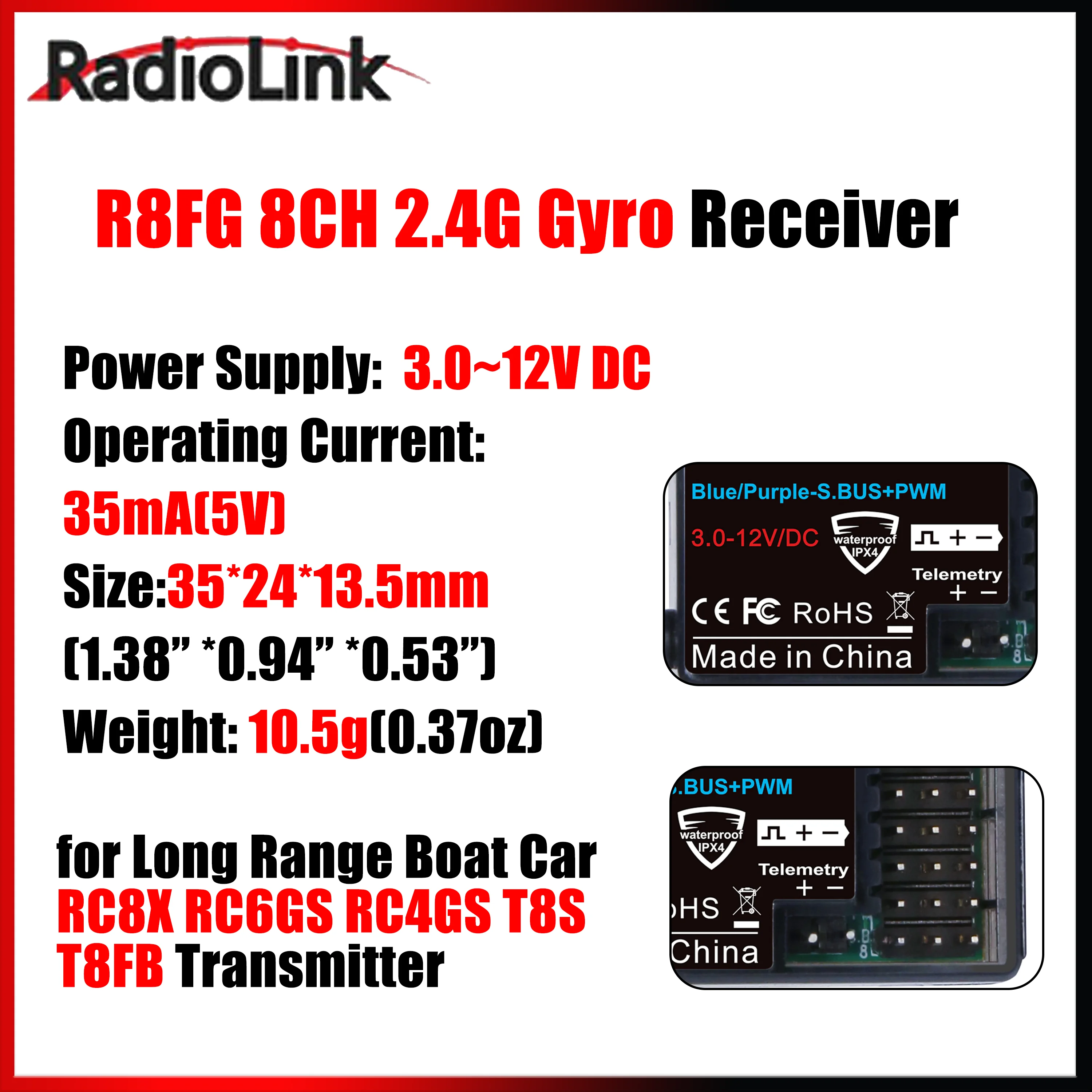 Фото Радиоприемник Radiolink R8FG 8-канальный 2.4G с гироскопом и возвратом напряжения 3.0-12В DC для дальнобойных моделей лодок, автомобилей, совместим с передатчиками RC8X, RC6GS, RC4GS, T8S, T8FB №1