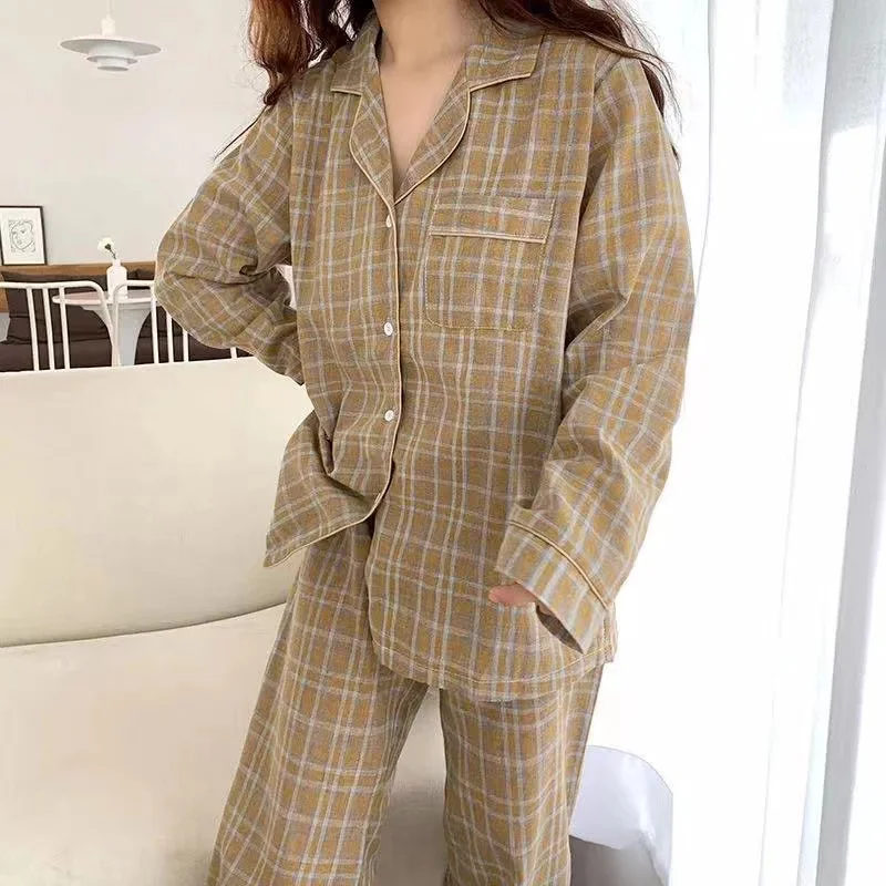2022 New Sleepwear Women Spring Pajamas Set Plaid Long Sleeve Trousers Turn-Down Collar Pijama Female Loungewear Homewear