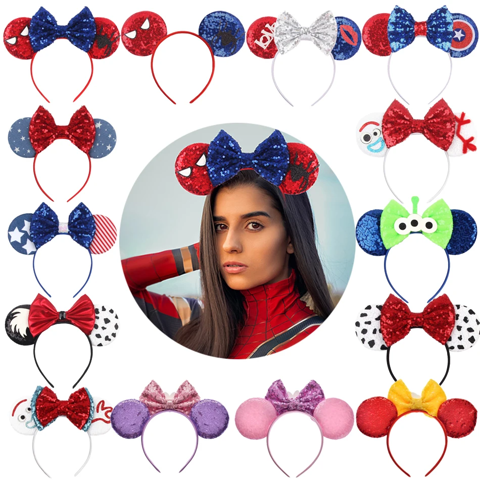 Disney Spiderman Mouse Ears Headband Sequins Hair Bows Charactor For Kids Women Festival Hairband Girls Hair Accessories Party