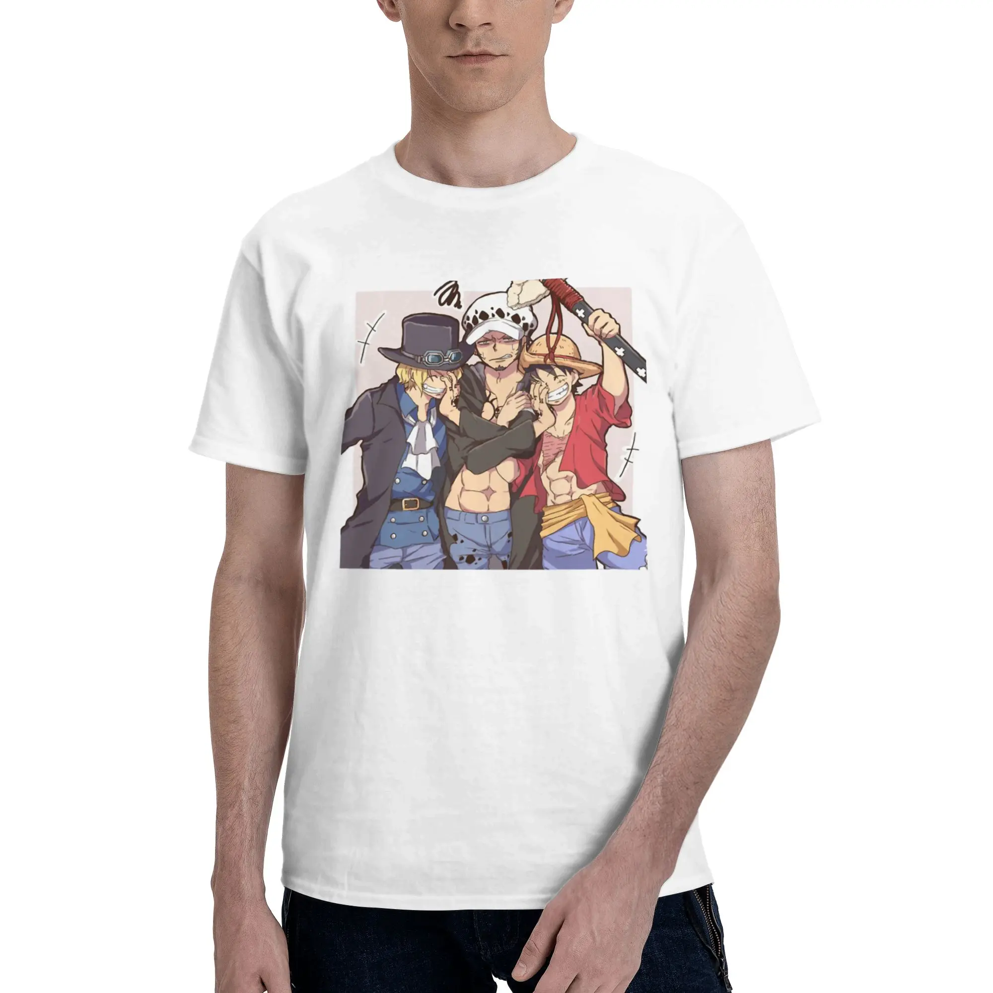 Фото Мужские футболки Luffy Law Sabo, футболка One Piece для отдыха, с коротким рукавом, круглым вырезом, из чистого хлопка, классическая одежда, футболка №1
