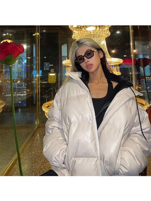 Winter Warm Thick PU Leather Coats Women Short Parkas Fashion White Cotton Padded Lady Down Jacket Elegant Zipper Clothes 2022
