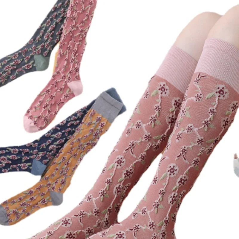 New Women Thermal Cotton Lingerie Korean Flower Embroidery Thigh High Long Stocking Japanese Kawaii Cute Knee Student Socks