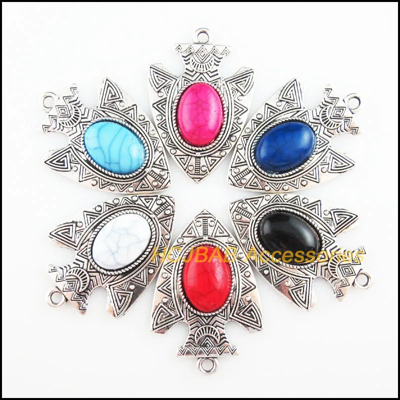 

6Pcs Tibetan Silver Plated Tone Retro Anchor Charms Oval Mixed Acrylic Pendants 31x45mm