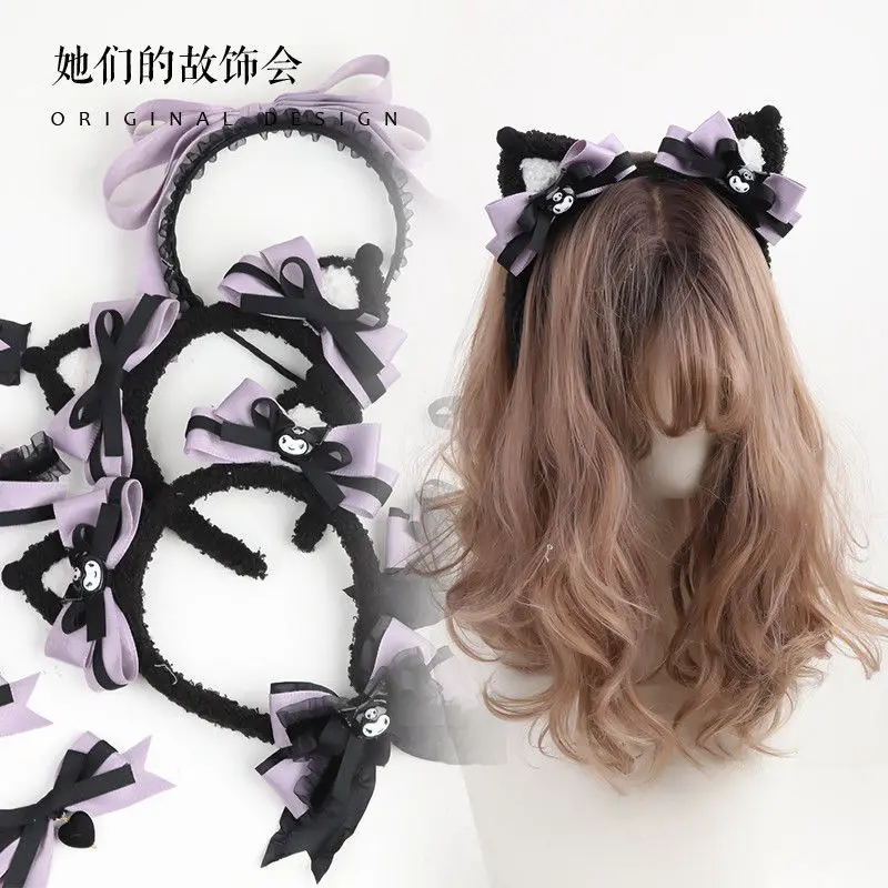 

Kawaii TAKARA TOMY Hair Band Original Design Handmade Bow Hair Card Kuromi Black Purple Lolita Hair Accessories