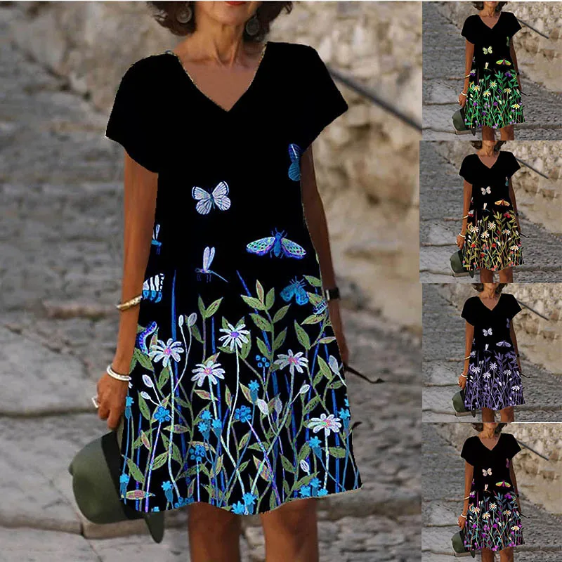 

Новинка 2022, женская Юбка До Колена С V-образным вырезом и короткими рукавами, летнее платье-футляр с рисунком бабочки и цветов