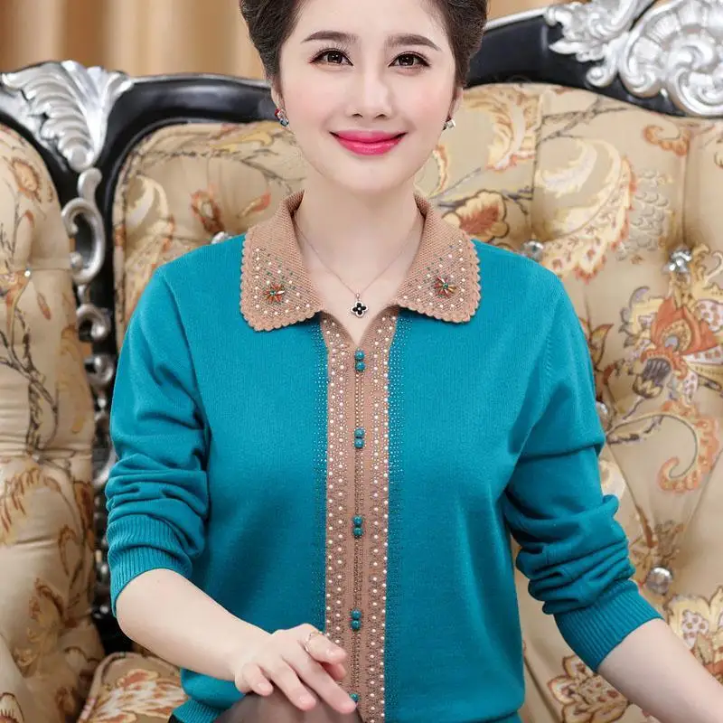 

Mother Clothing Fall/Winter Diamond Lapel Sweater Middle-aged Mothers Bottoming Knit Sweater Size 5XL Loose Women Pullovers E525