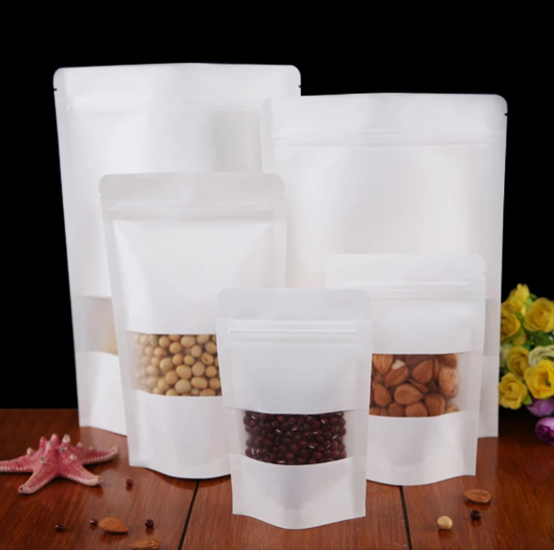 

100 Piece White Kraft Paper Bags Stand Up Zipper Lock Bag Candy Food Dried Fruit Gift Packaging Moisture-proof Open Window Pouch