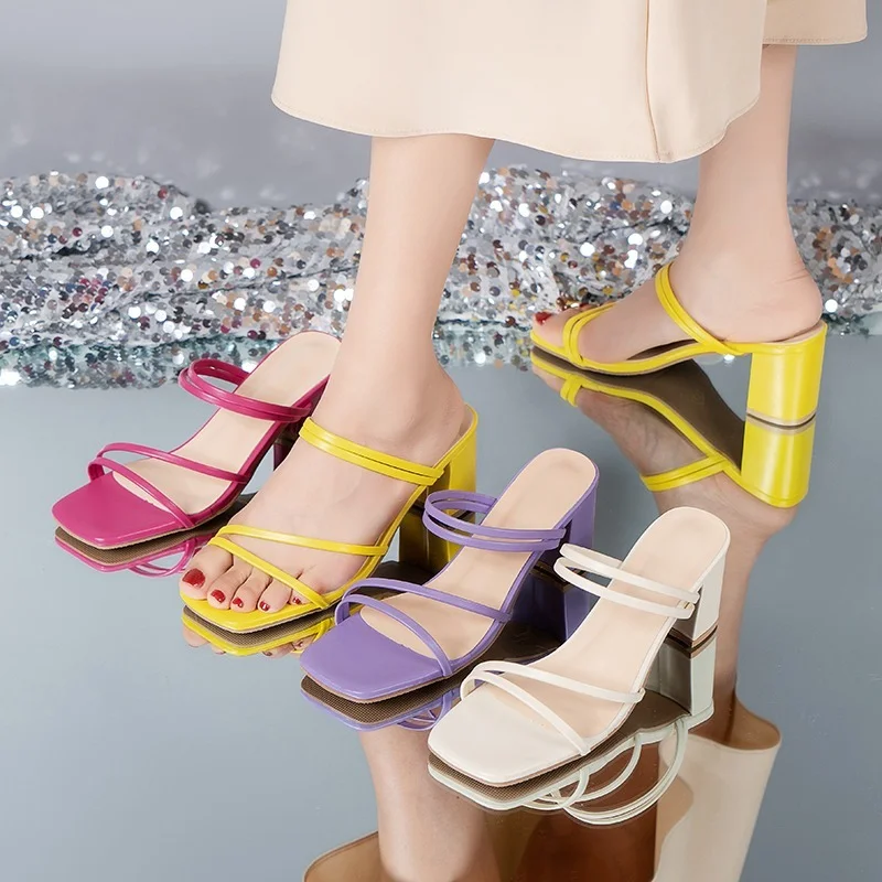 2022 Summer Women's Slippers High Heels Open Toe Sandals Women Shoes Purple Square Head Chunky Heels Outdoor Flip Flops Slides images - 6