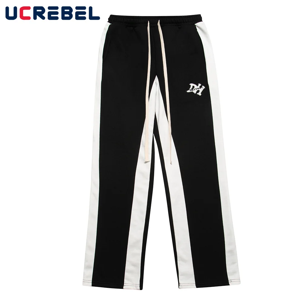 

Letter Embroidered Sweatpants Mens Streetwear Color Block Casual Pants Drawstring Elastic Waist Loose Straight-leg Pants Men