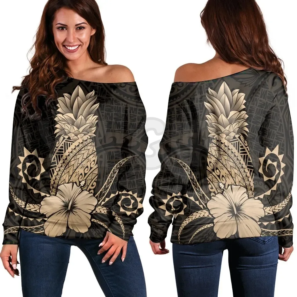 YX GIRL Hawaii Polynesian Pineapple Hibiscus Gold 3D Printed Novelty Women Casual Long Sleeve Sweater Pullover