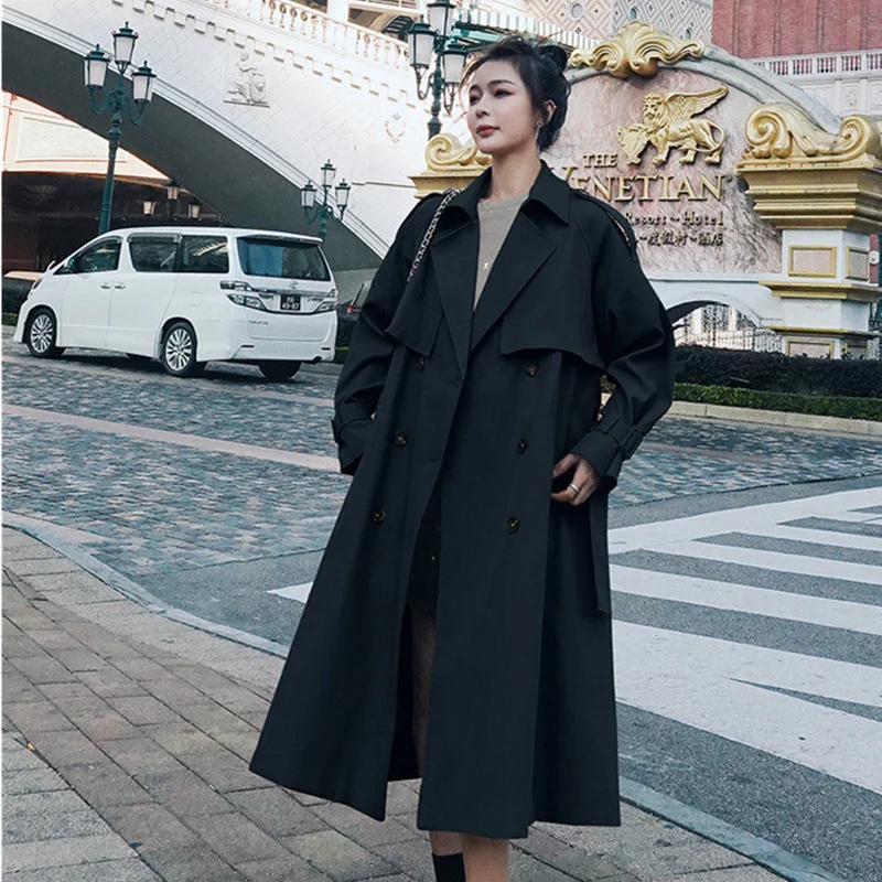 Womens Long Slim Trench Jackets Full Sleeve Double Breasted With Sashes Coat 2022 Spring Autumn Khaki Black Windbreaker Outwear