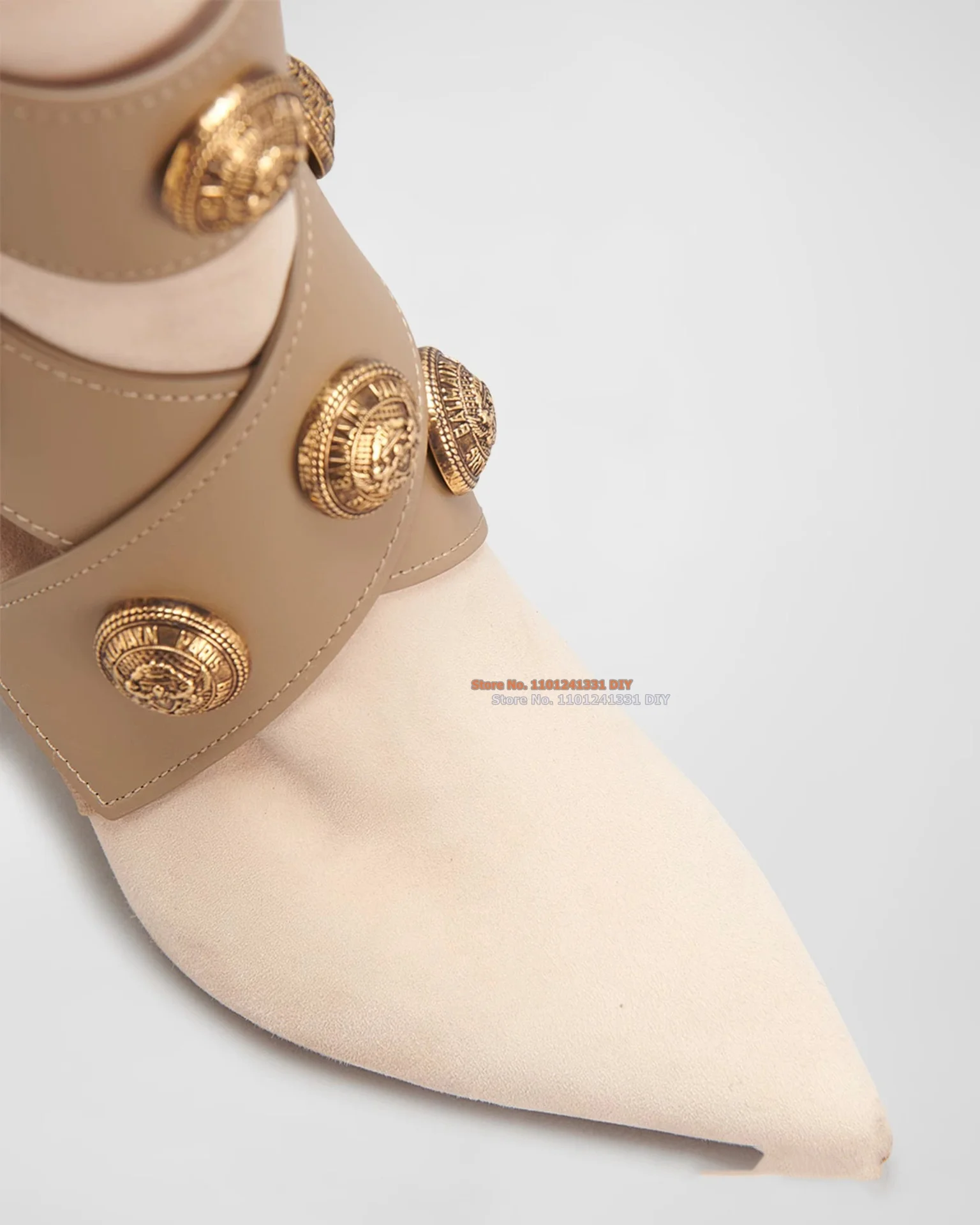 Beige Leather Button-Embellished Ankle Boots Golden Medallion Studs Short Boots Women Pointed Toe Thin High Heel Party Shoes