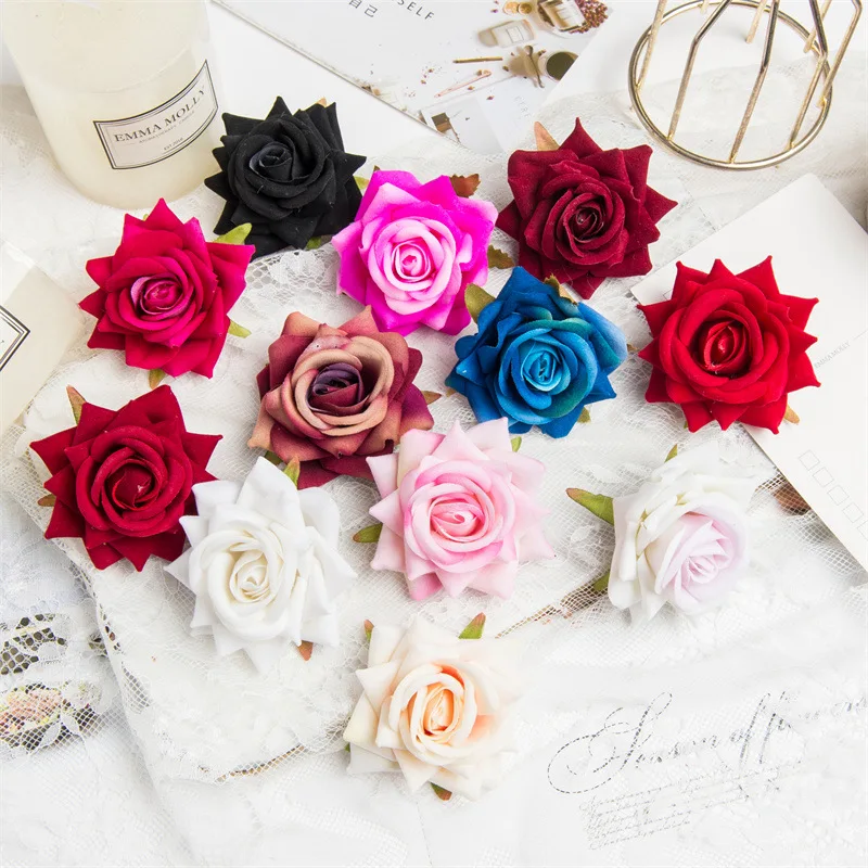 

5pcs 6cm New Arrival Advanced Velvet Rose Flower Head DIY Artificial Bridal Wedding Corsage Arch Decoration Silk Flowers