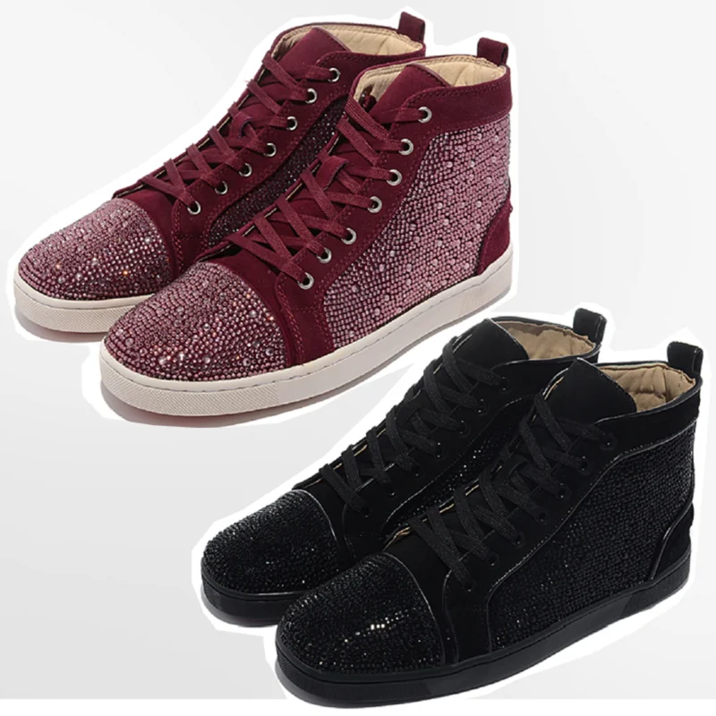

Fashion Punk Style Sports Shoes Wine Red Hot Drill High Top Shoes Flat Shoes Red Soles Lefu Shoes Men's Casual Shoes
