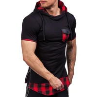 summer mens youth plaid stitching hooded short sleeved slim pullover sweater