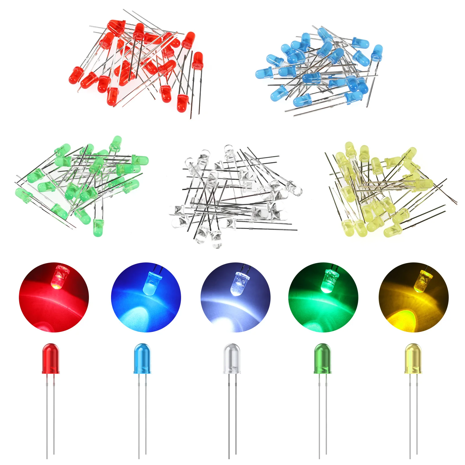 

100 Pcs Led Diodes Mini 3mm Lights Emitting Diode Assortment Red Green Blue Yellow White Micro Lamp Electronic Project Kit