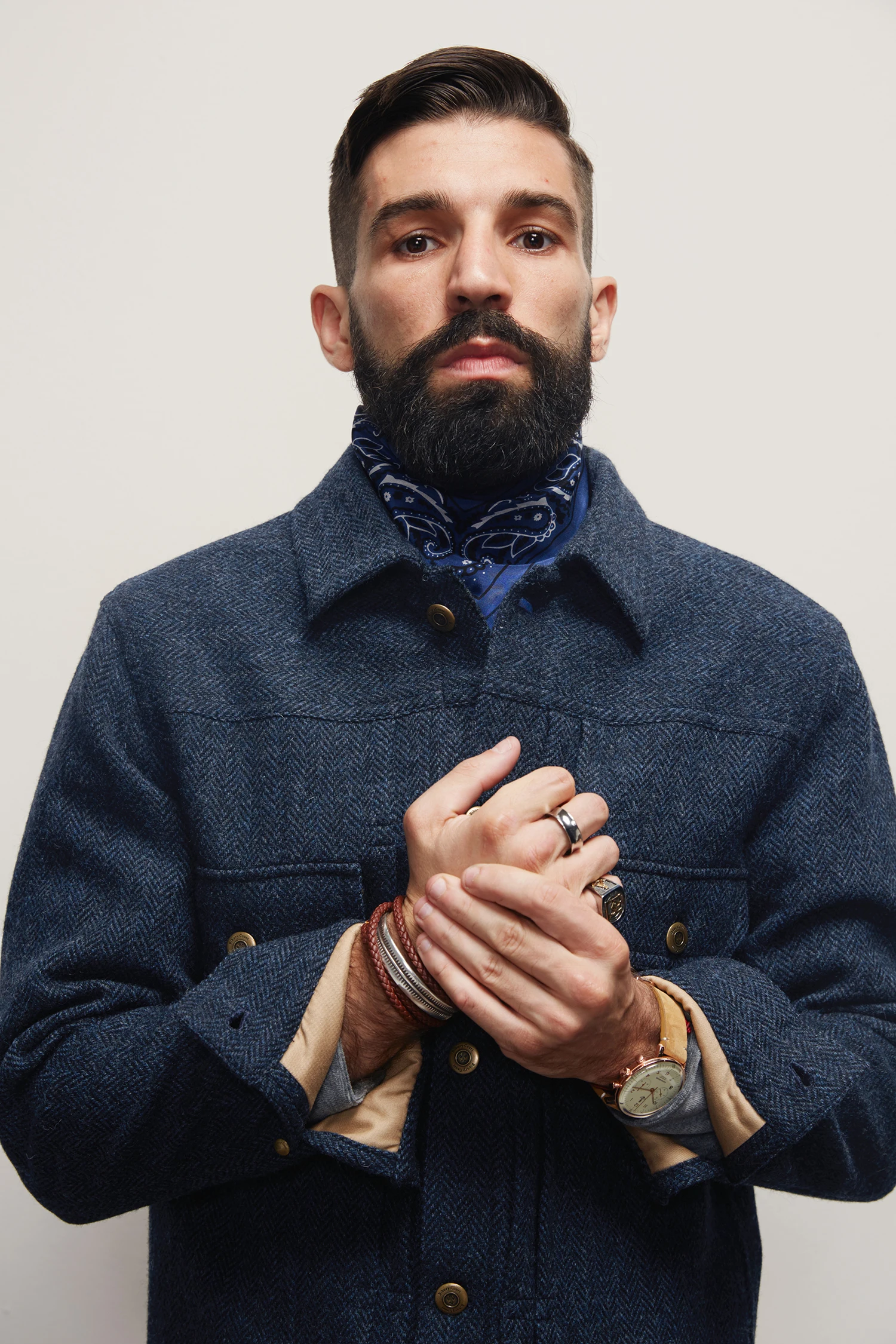 

Autumn/Winter British Vintage Wool Herringbone Tweed Classic American Workwear Denim Jacket