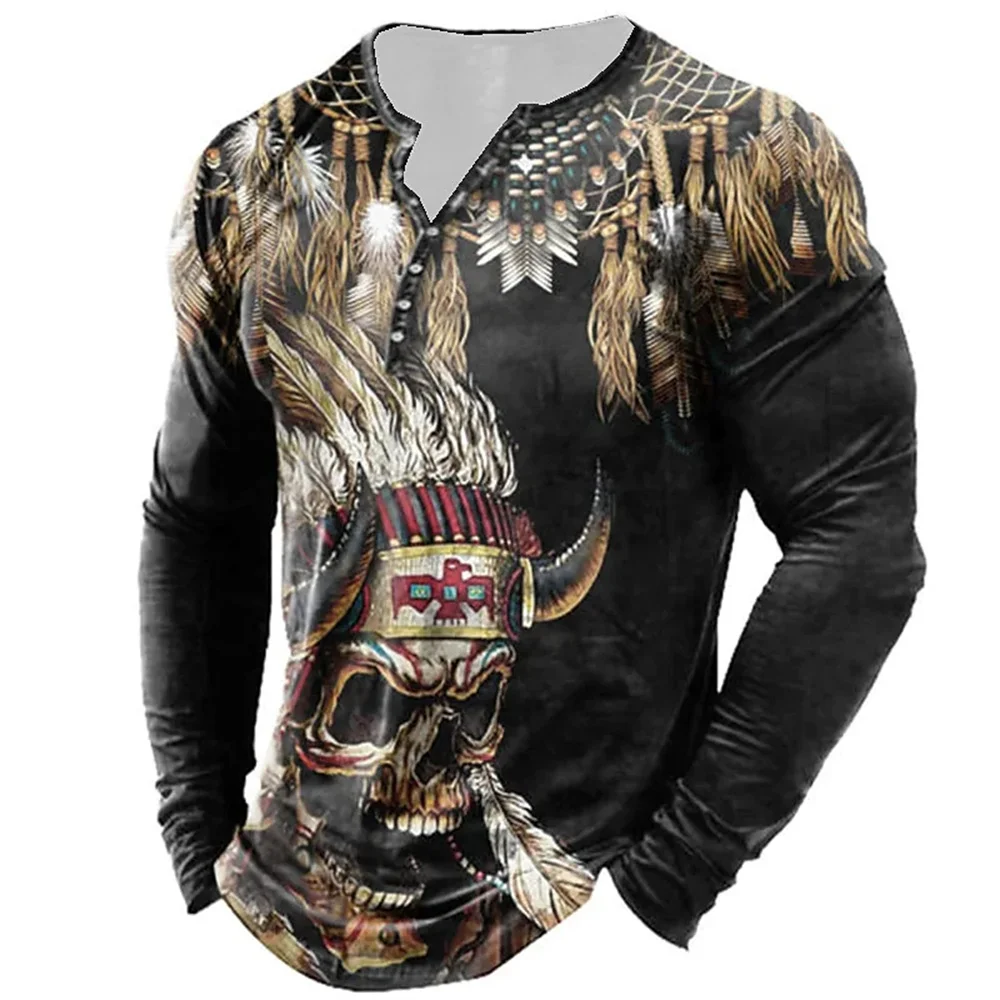 

Vintage Men's Cotton T-shirts 3D Printed Gothic Long Sleeve Henley Shirt For Men Clothing Oversized Tees Top Men Punk Streetwear