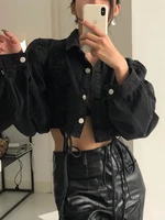 qweek gothic grunge oversized black denim jackets women y2k vintage ruffled drawstring short coat female outerwear chic tops