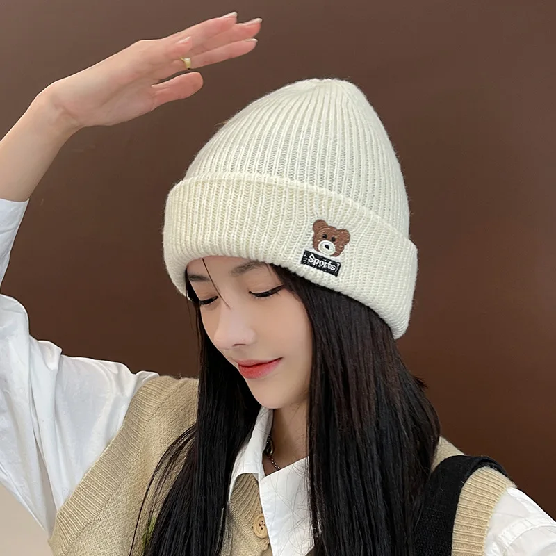 Autumn and Winter New Knitted Embroidered Bear Women's Sleeve Cap Outdoor Keep Warm Travel Wool Hat Bonnets for Women