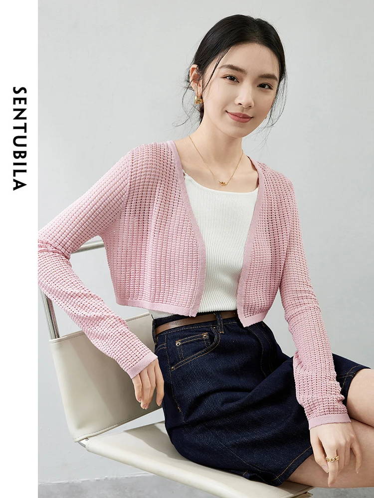 SENTUBILA Укороченный вязаный кардиган с v-образным вырезом пальто 2024 весна-лето