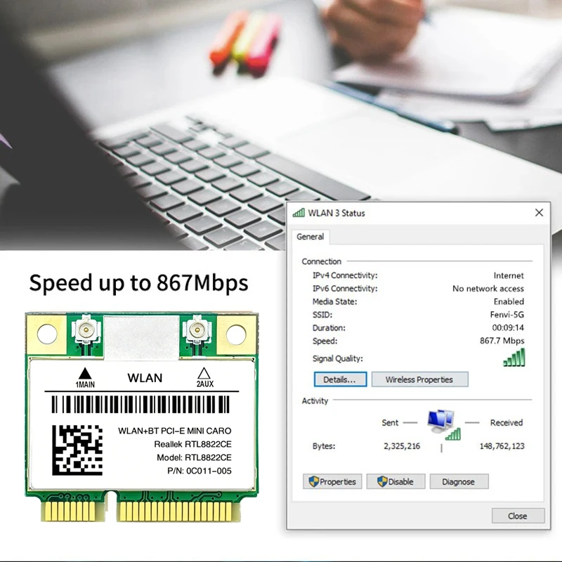 Фото KEBIDUMEI RTL8822CE 1200 Мбит/с 2,4G/5 ГГц 802.11AC Wi-Fi-карта, сетевая карта Mini PCIe, Bluetooth 5.0, поддержка ноутбуков/ПК, Windows 10/11 №3