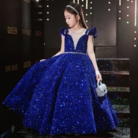 luxury royal blue sequin dress for kid girl long flower girl wedding party princess dress girls 7 12 year piano recital dress