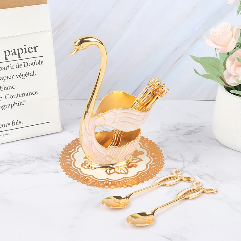 Набор золотых кофейных десертных ложек подставка под лебедь 6 для мороженого