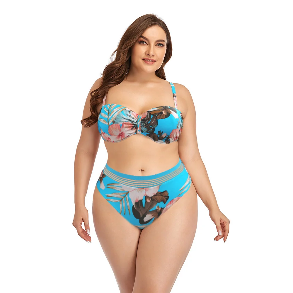 

2022 New Plus Size Swimsuit Strap Retro Bikini Floral Print Split High Waist Swimsuit Bathing Suits 2 Pieces Bikini