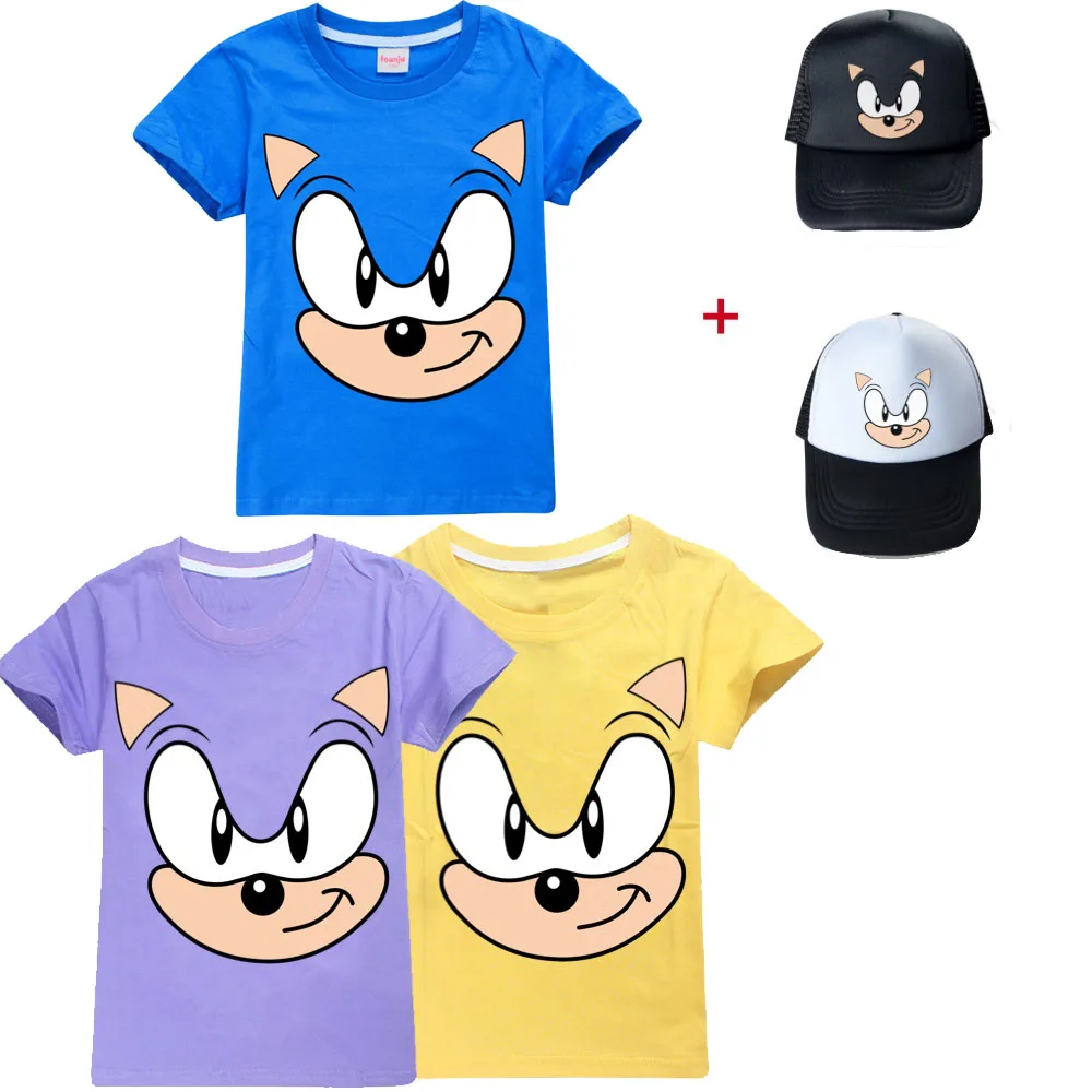 

New Boys Kawaii Hedgehog Cotton Printing T-shirts Cartoon Short-sleeved Girls T-shirt Summer Casual All-match Tops with hat