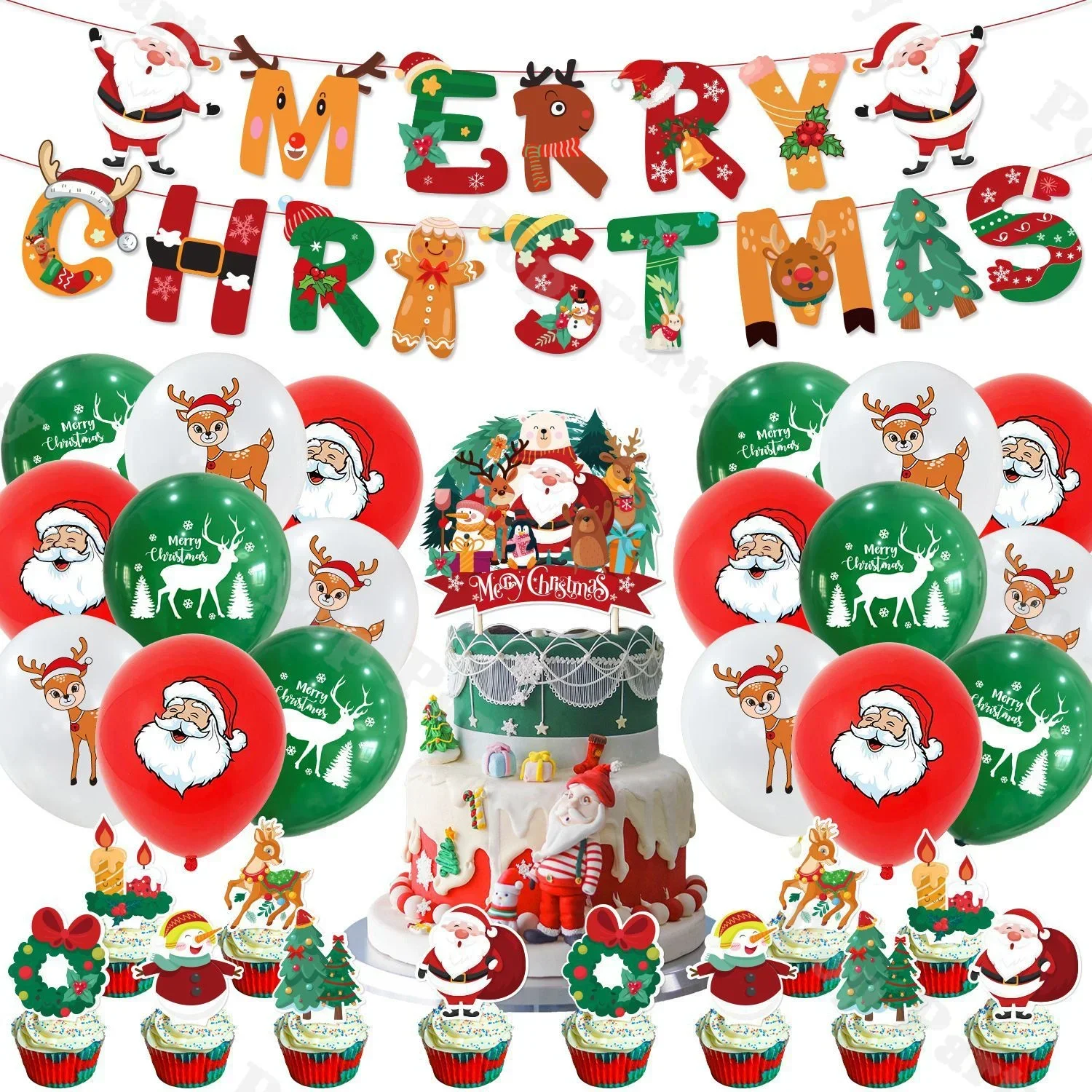 

Christmas Set Party Decoration Supplies Red Santa Claus and Green Elk Latex Balloons with Christmas Cake Insert and Letter Flag