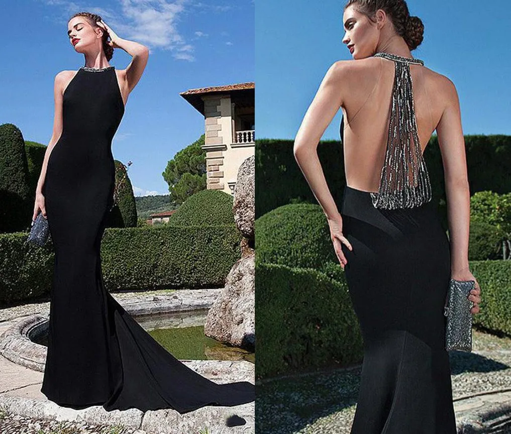 

2022 New Black Mermaid Long Evening Dresses Sexy Illusion Back Beaded Prom Formal Gowns Robe De Soiree Vestidos Festa