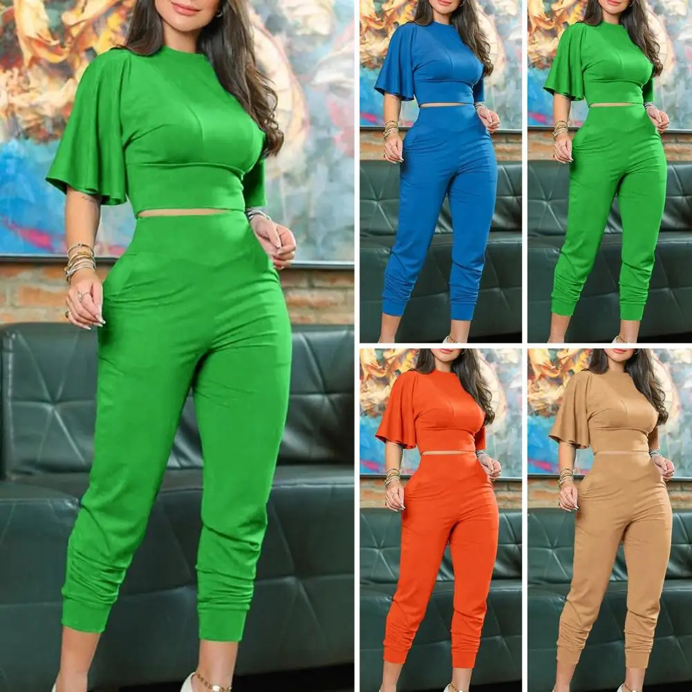 

Summer Casual Two Piece Set Solid Color Flower Printed Elegant Flared Sleeves Crop Top High Waist Pants Suit Female Outfits