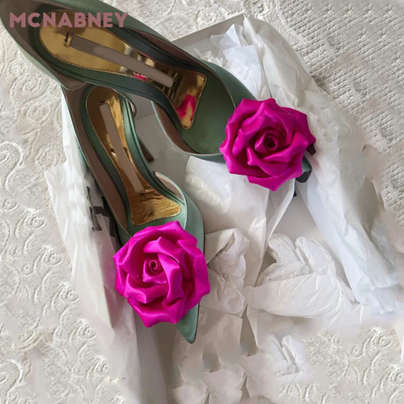 Rose Red Rose Flower High-Heeled Shoes New Pointed Toe Stiletto High-Heeled Niche Design Fashion Color-Blocking Sexy Shoes