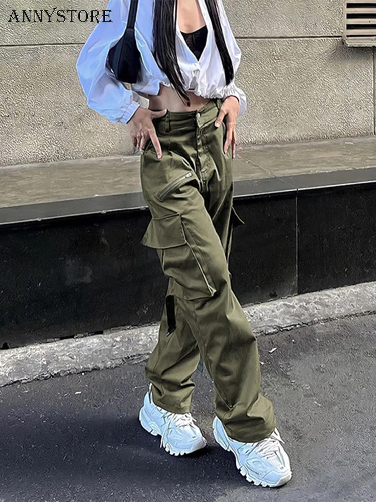 

Annystore Baggy Cargo Pants Women High Waist Pockets Pants Vintage Casual Green Trousers Streetwear Sweatpants Jogger Bottom