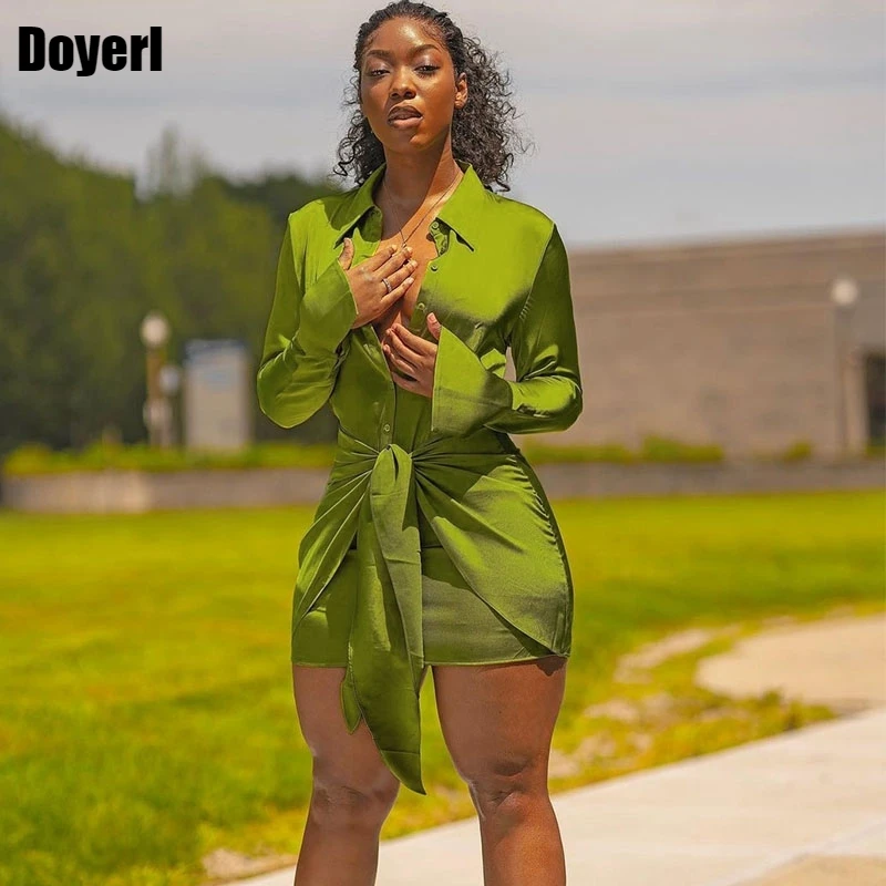 

Green Long Sleeve Satin Shirt Dress Women Sexy Button Up Tie Knot Wrap Bodycon Mini Dress Autumn Short Elegant Party Dress Robe