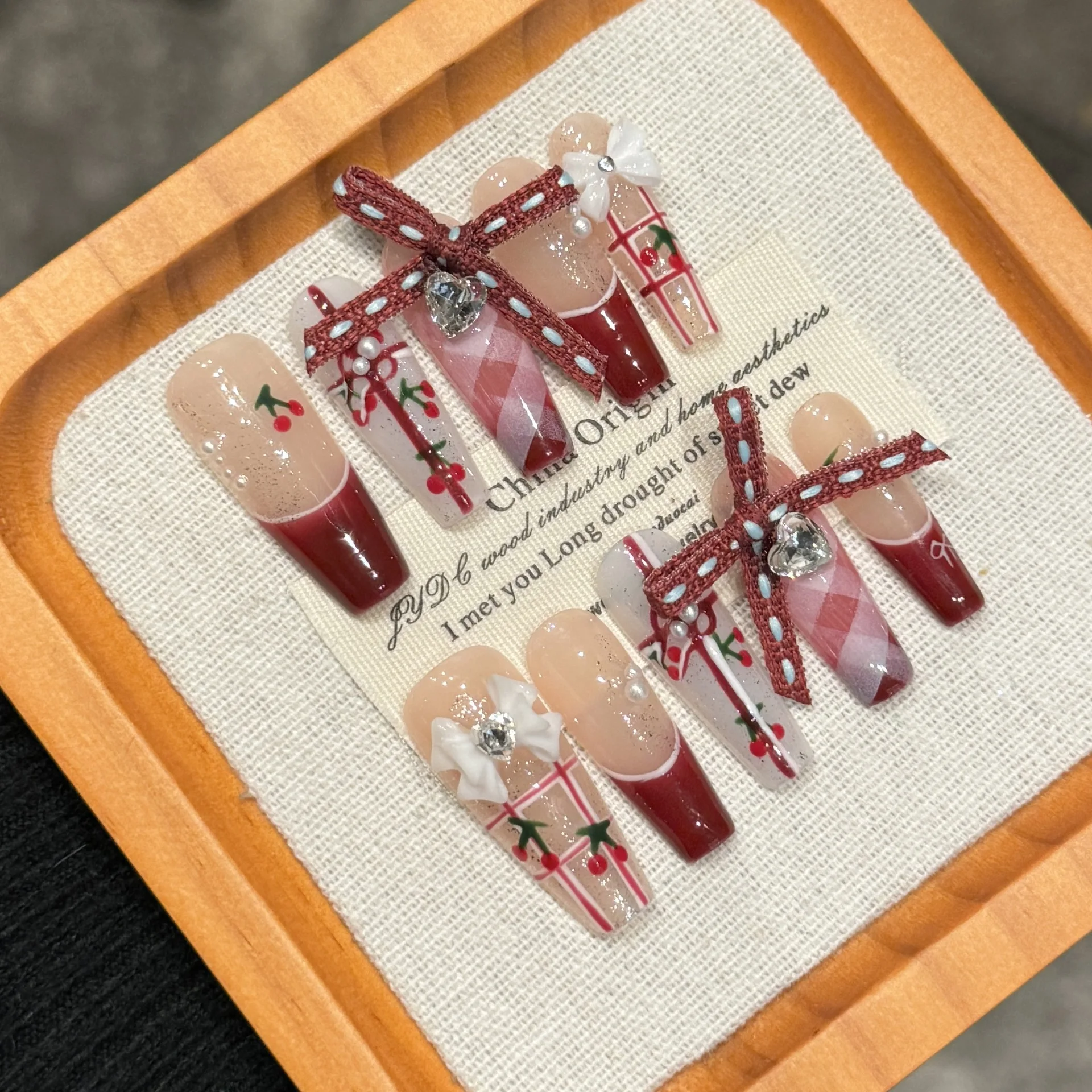 10 шт. новогодние милые накладные ногти ручной работы красные банты во