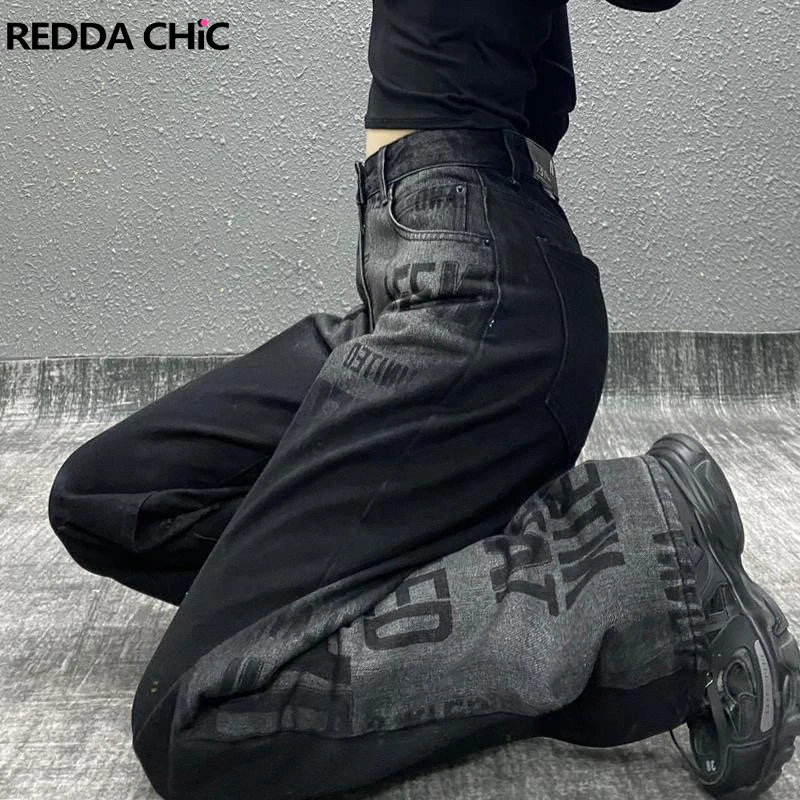 REDDACHiC Dark Punk Goth Women Jeans Harajuku Graphic Gradient Black Wide Pants High Waist Grunge Y2k Streetwear Loose Trousers