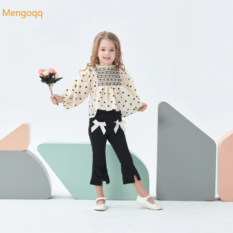 

Toddler Kids Baby Girls Autumn Long Sleeve Dot Top Shirts Blouse Bow Trousers Children Casual Clothes Set 2pcs 3-8Y