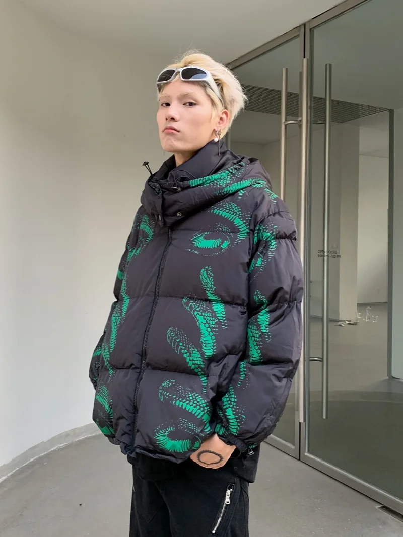Hip Hop Hooded Parka Jacket Streetwear Men Snake Print Windbreaker Harajuku 2022 Winter Cotton Padded Jacket Coat Puffer Outwear