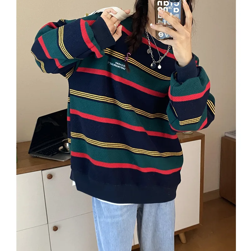 

Женский полосатый свитер в стиле ретро, Свободный Топ оверсайз с круглым вырезом, женская одежда на весну и осень 2022