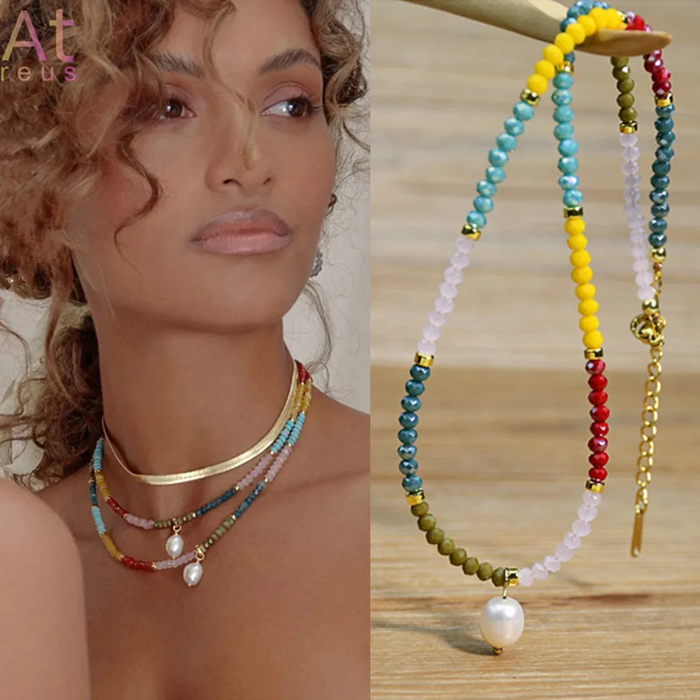 

Summer Bohemian Contrast Colorful Crystal Beads Necklace For Women Freshwater Pearl Pendant Necklace Stainless Steel Clasp Chain