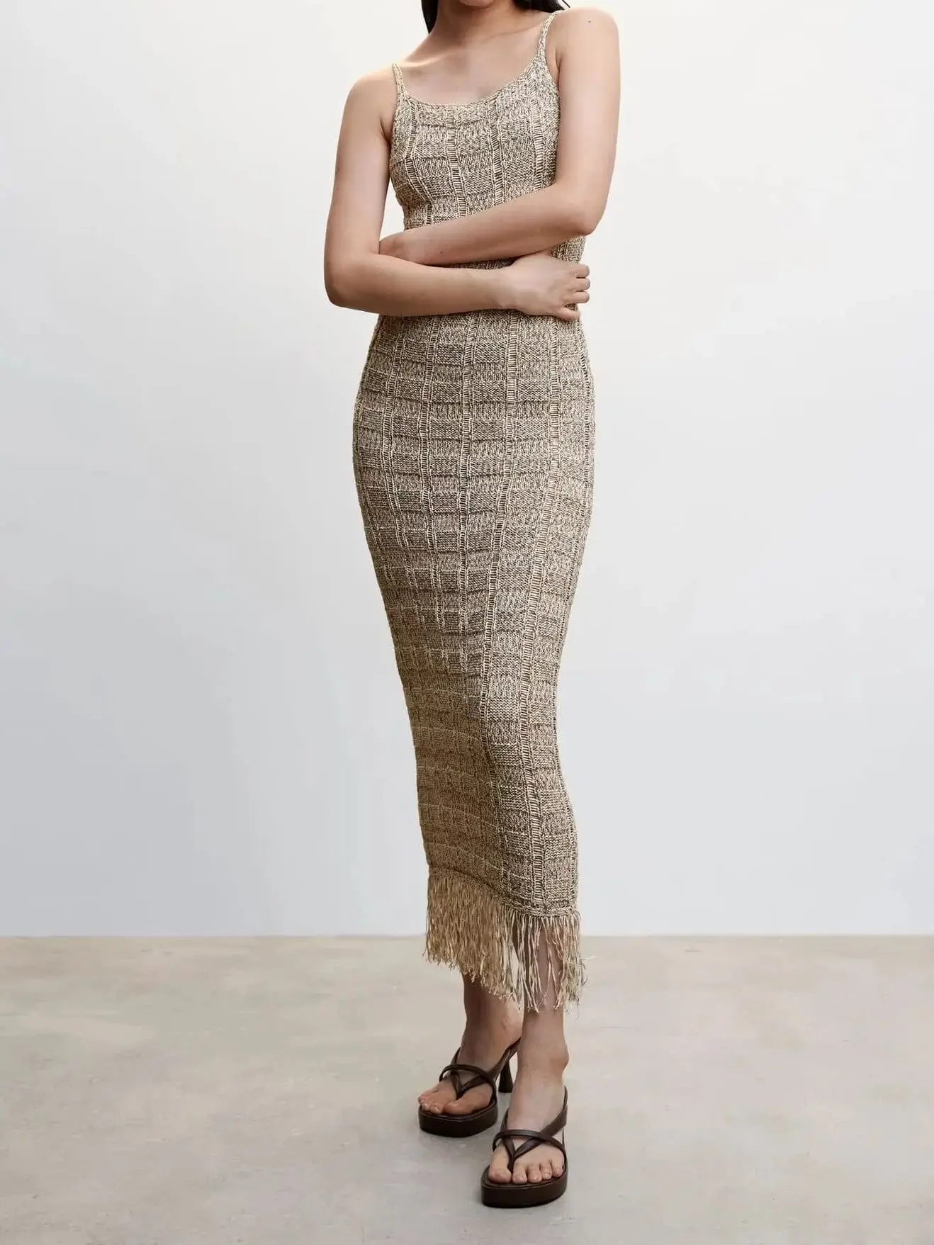 

Summer Women's Beige Knitted V-neck Halter With Fringe Design Long Dress Sexy