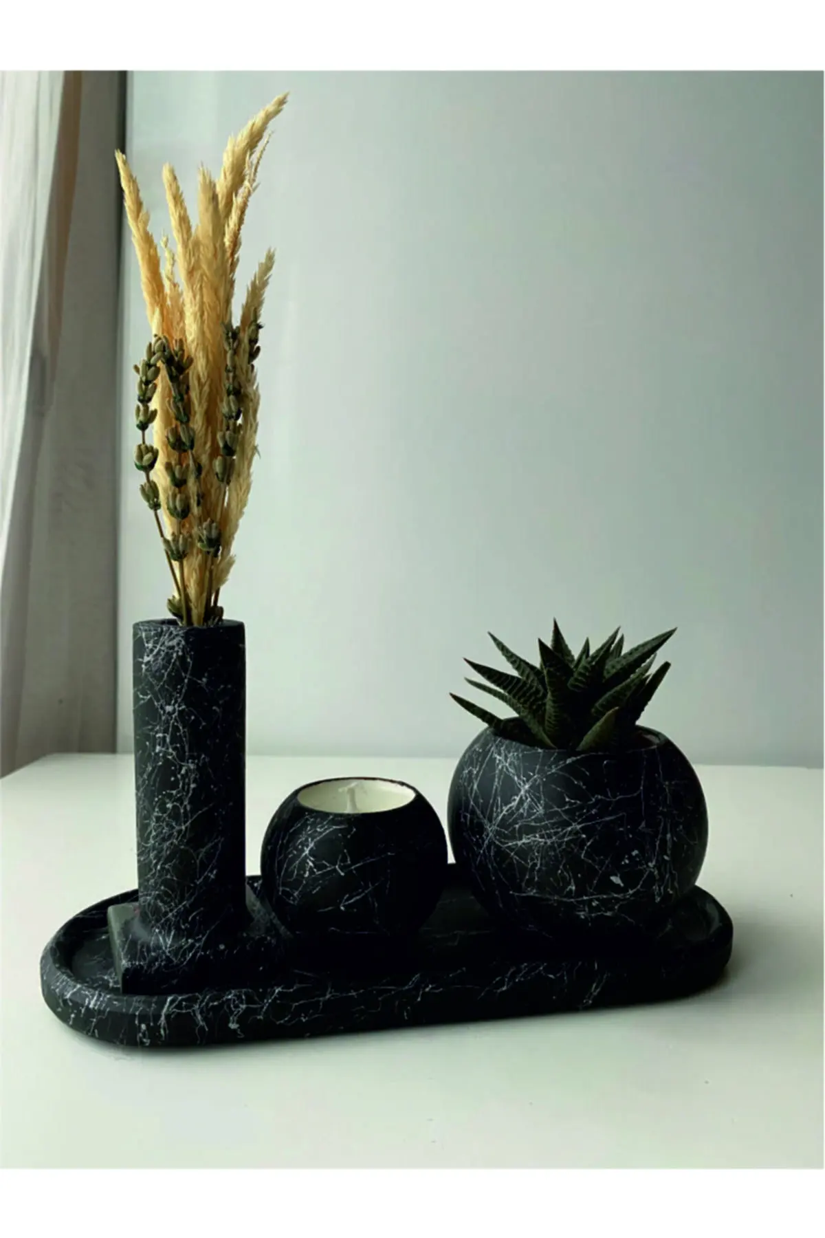 

Souvenir Decorative Potted Set Candle Sukulent Dry Plant Concrete Black Object and Trinket Home Decoration & Furniture
