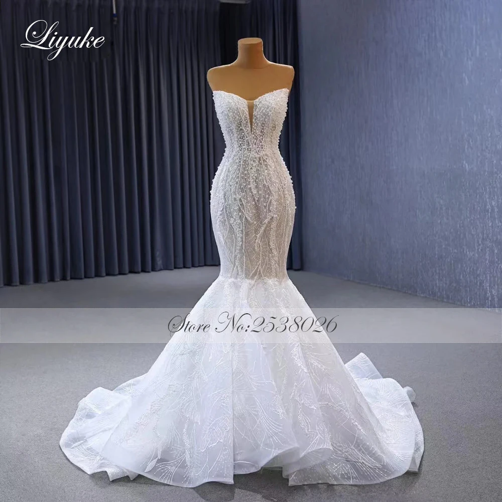 Liyuke Sheer Beading Pearls Sweetheart Mermaid Wedding Dress Uniquisite Lace Off Shoulder Sleeveless Trumpet Gowns