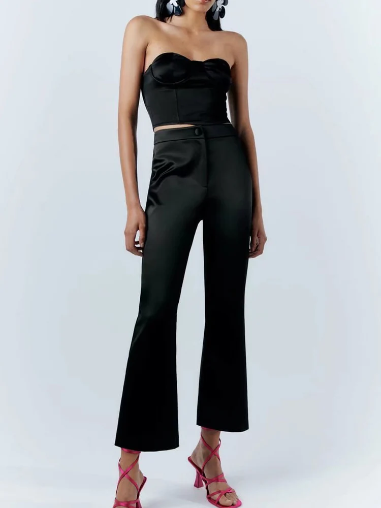 

Kumsvag 2022 Summer Women Satin Suits 2 piece sets Fashion Black Short Tops and Trousers Female Casual Street Suit Clothing