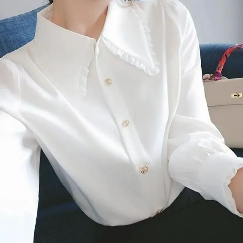 

2023 Spring Autumn Korean Full Sleeve Peter Pan Collar Button Chiffon Women Blouse Shirts Tops Female OL Workwear Shirt B109