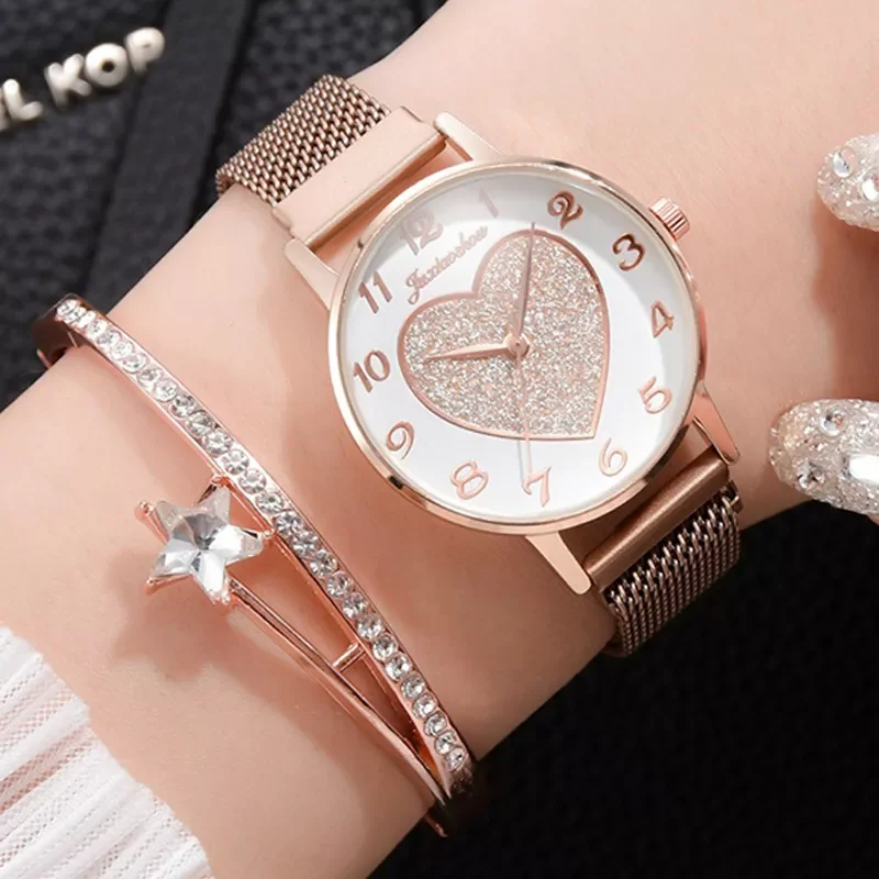 

2pc/set Luxury Brand Women Watches Love Magnet Watch Buckle Fashion Casual Female Wristwatch Roman Numeral Simple Bracelet